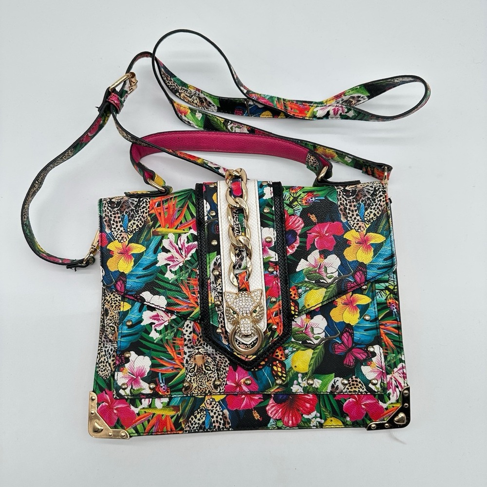 ALDO Baro Jungle Top Handle Crossbody Bag‎ Purse Leopard Rhinestone Head Bling